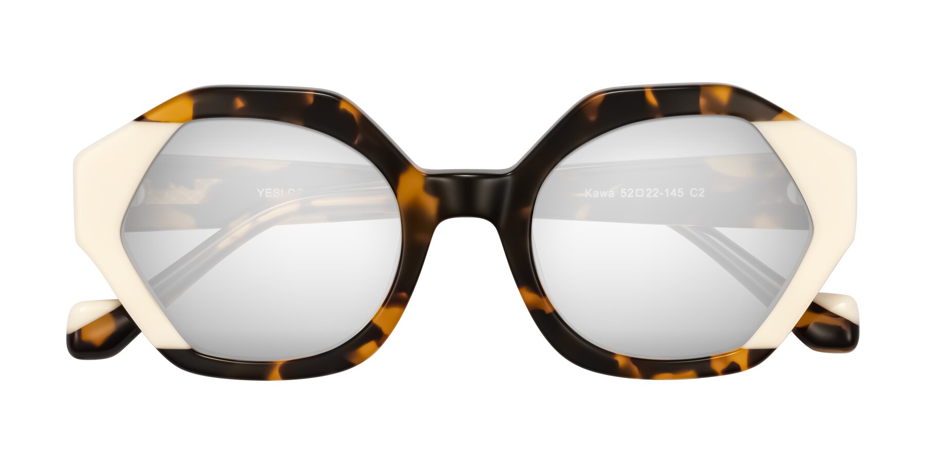 Folded Front of Kawa in Tortoise/Ivory with Silver Mirrored Lenses