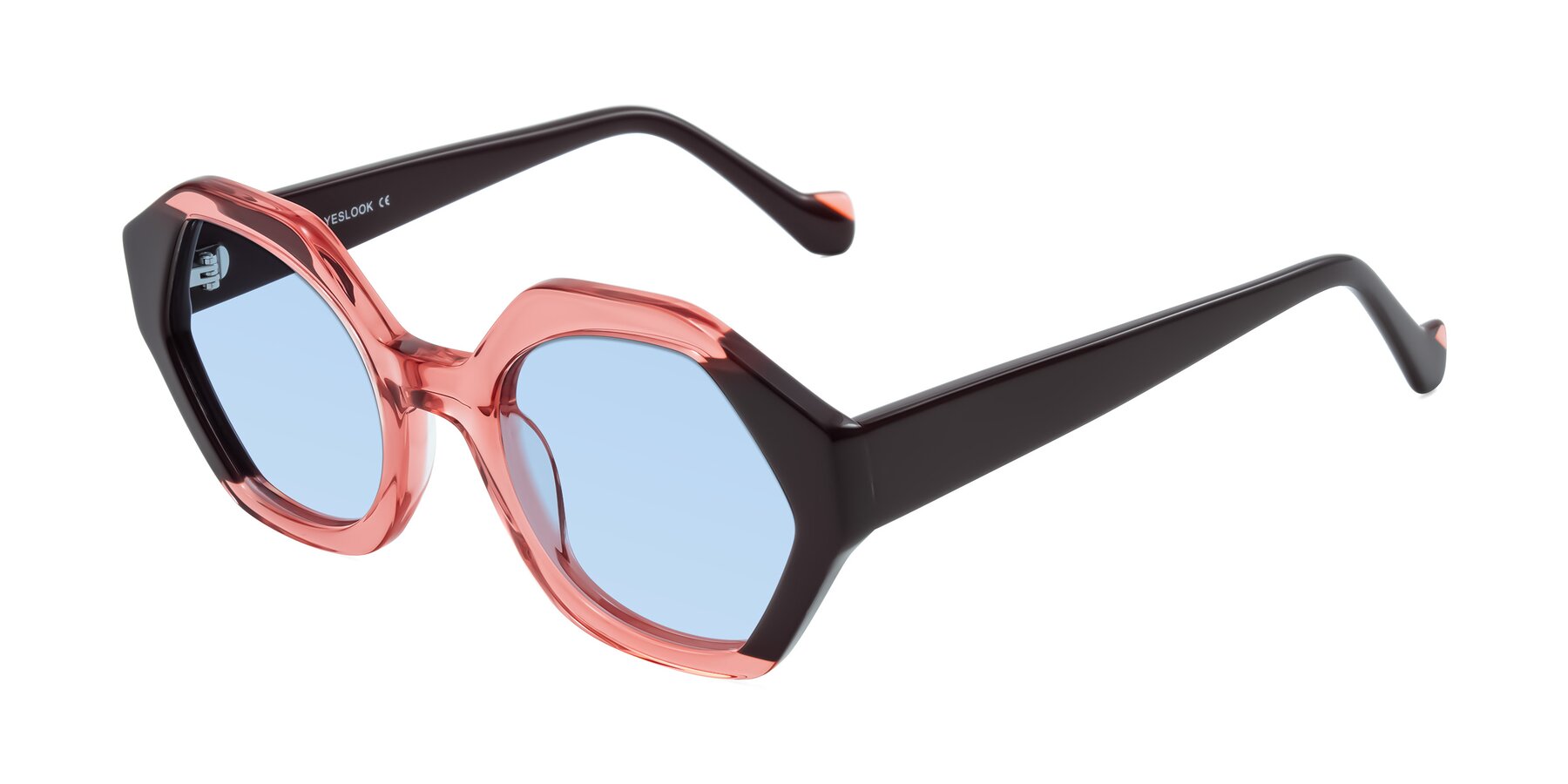 Angle of Kawa in Ruby/Maroon with Light Blue Tinted Lenses