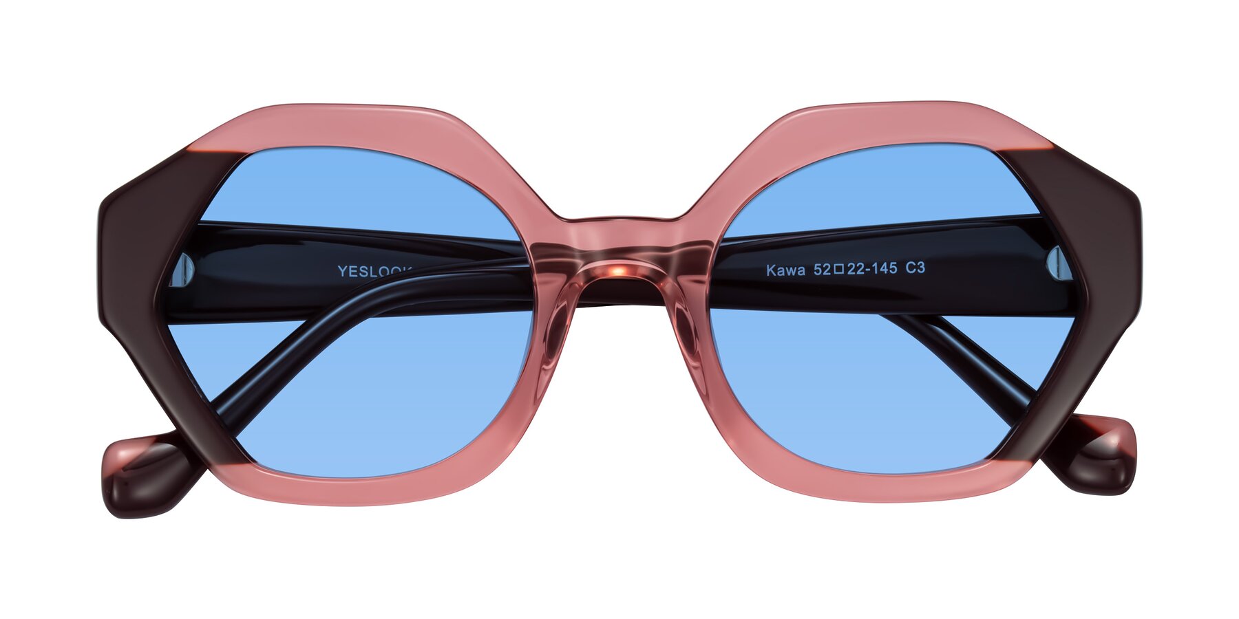 Folded Front of Kawa in Ruby/Maroon with Medium Blue Tinted Lenses
