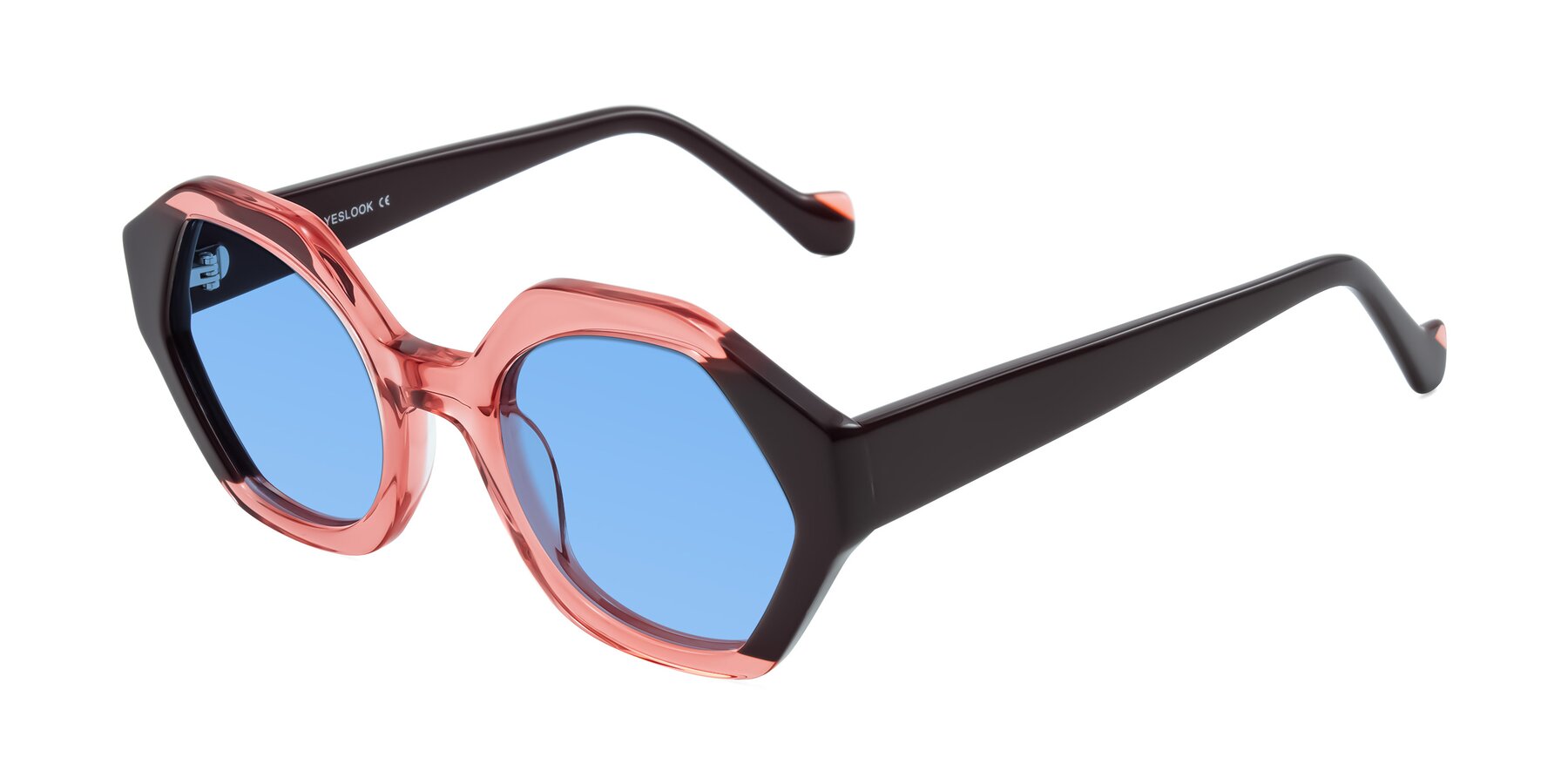 Angle of Kawa in Ruby/Maroon with Medium Blue Tinted Lenses