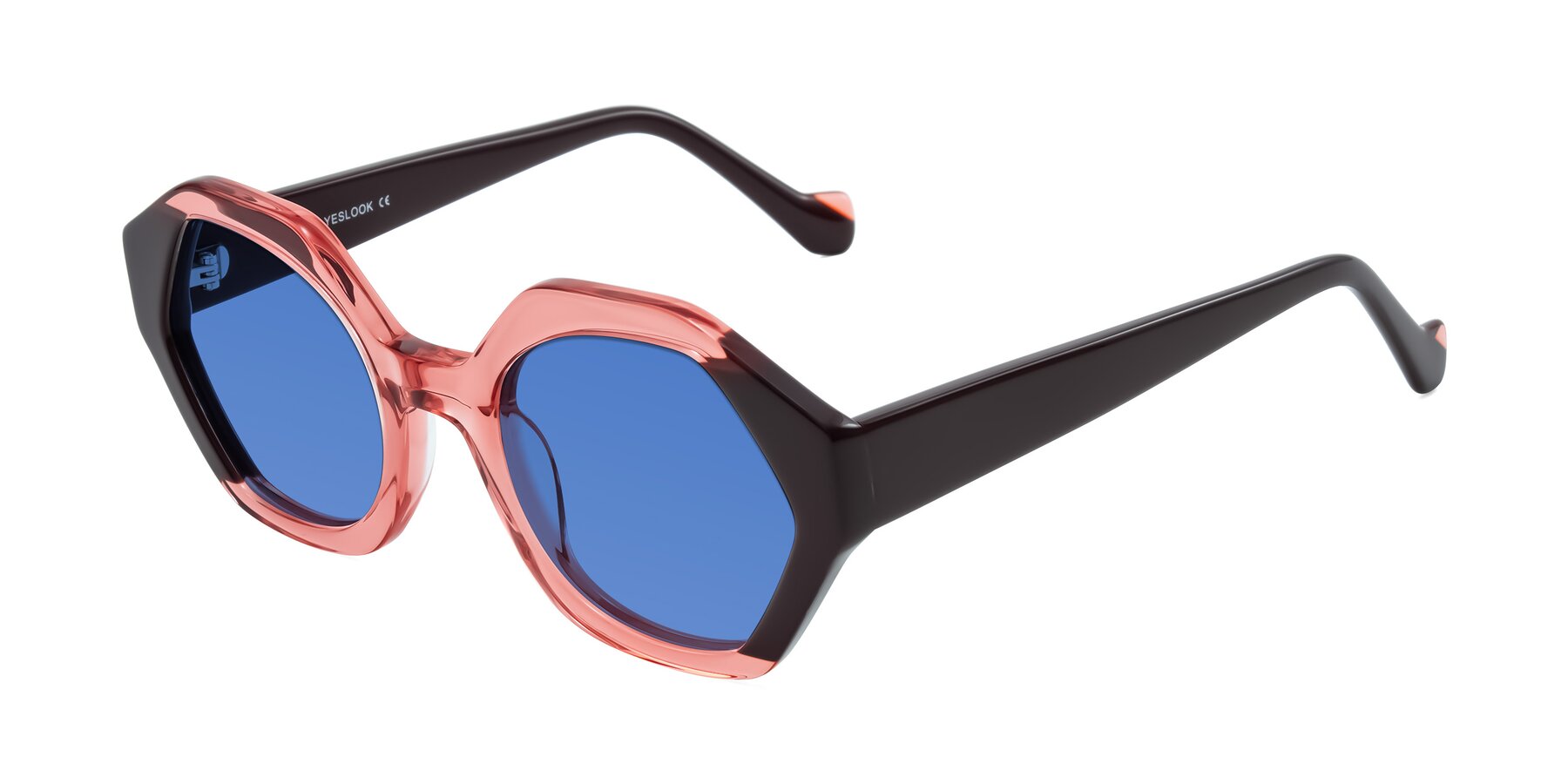 Angle of Kawa in Ruby/Maroon with Blue Tinted Lenses