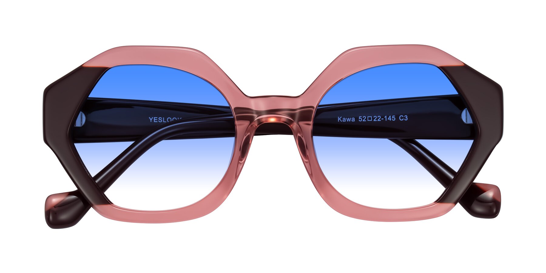 Folded Front of Kawa in Ruby/Maroon with Blue Gradient Lenses