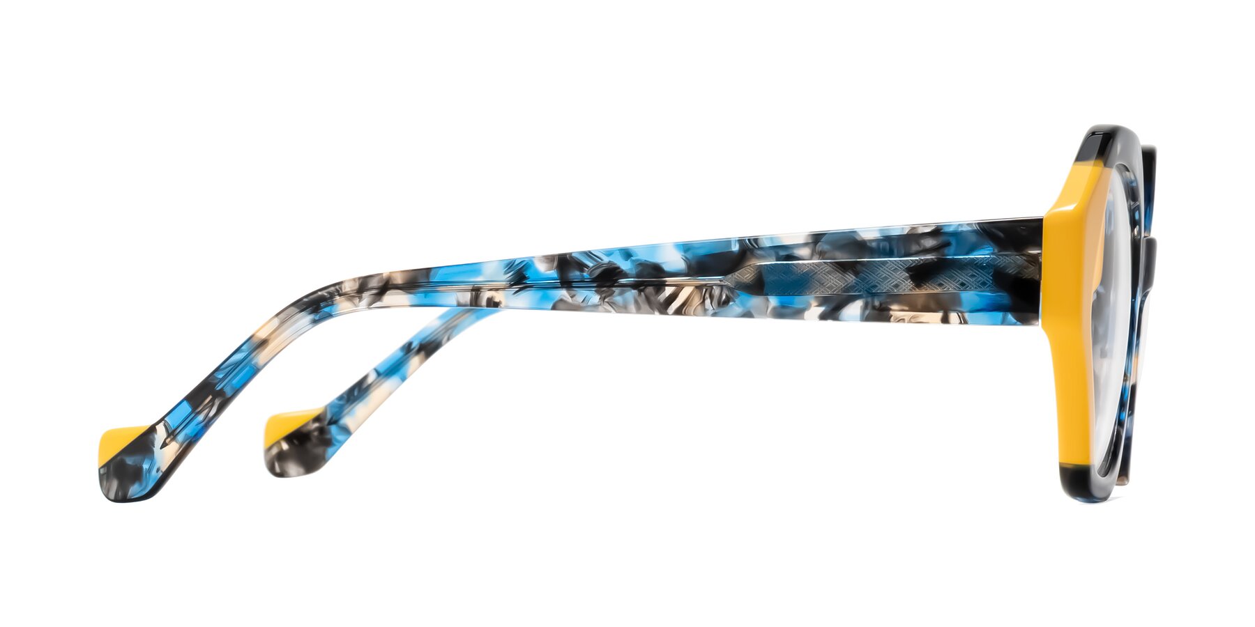 Side of Kawa in Blue Ink/Yellow with Clear Eyeglass Lenses