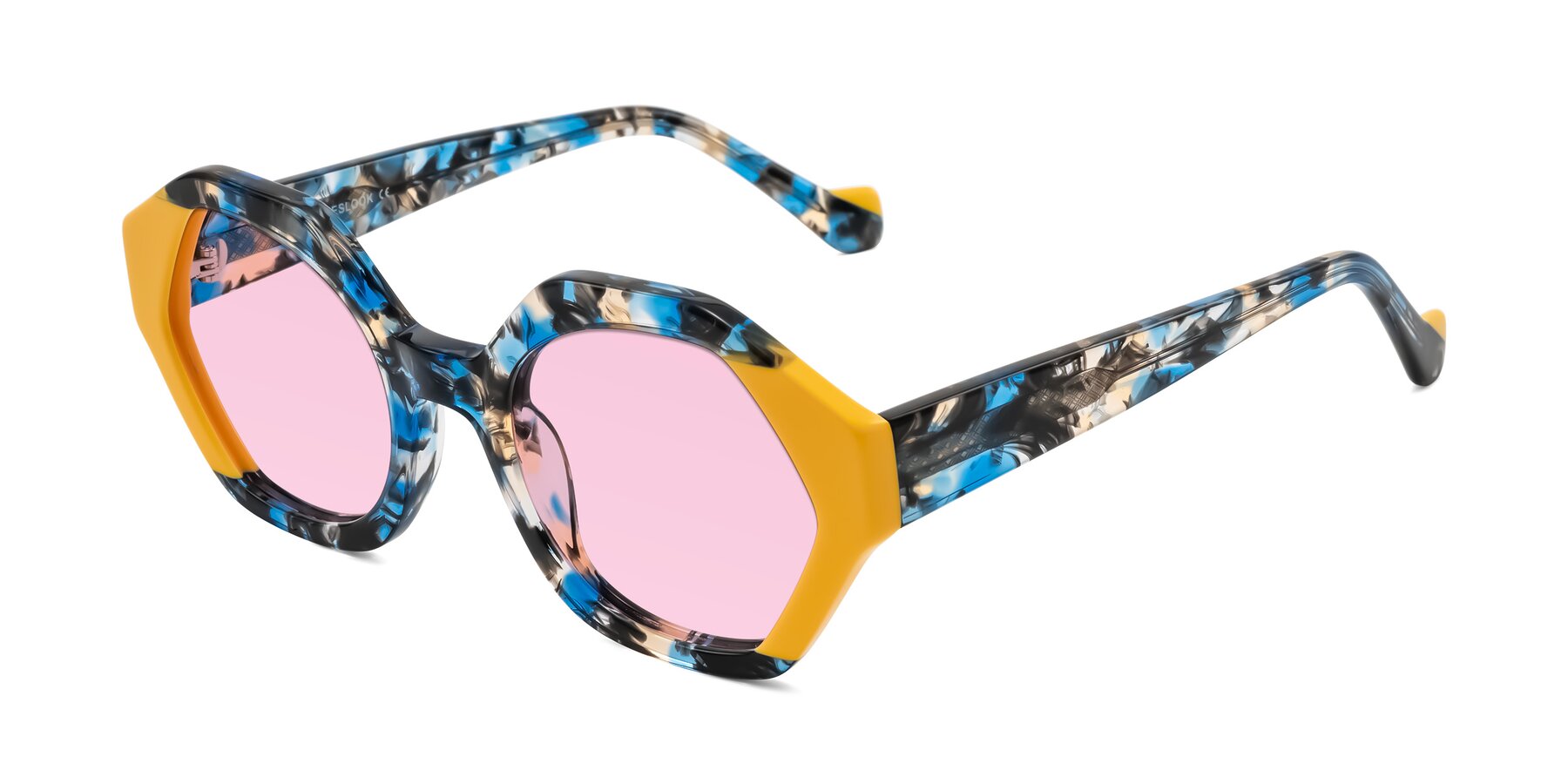 Angle of Kawa in Blue Ink/Yellow with Light Pink Tinted Lenses