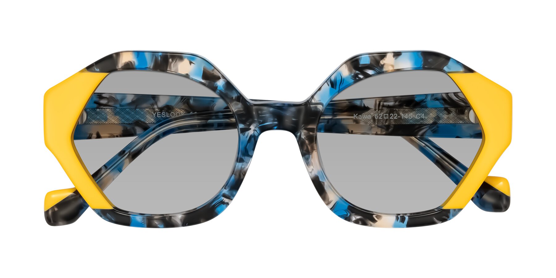 Folded Front of Kawa in Blue Ink/Yellow with Light Gray Tinted Lenses