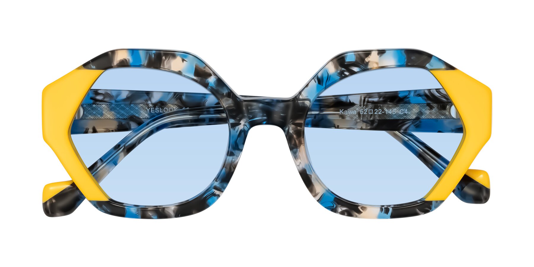 Folded Front of Kawa in Blue Ink/Yellow with Light Blue Tinted Lenses