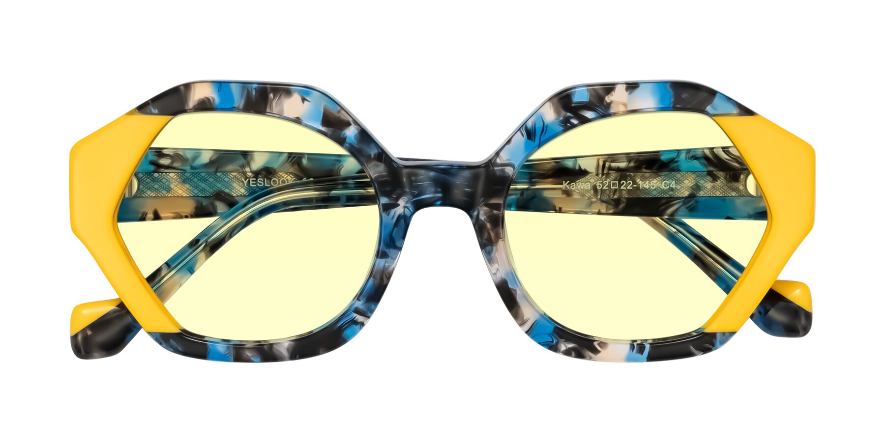 Folded Front of Kawa in Blue Ink/Yellow with Light Yellow Tinted Lenses