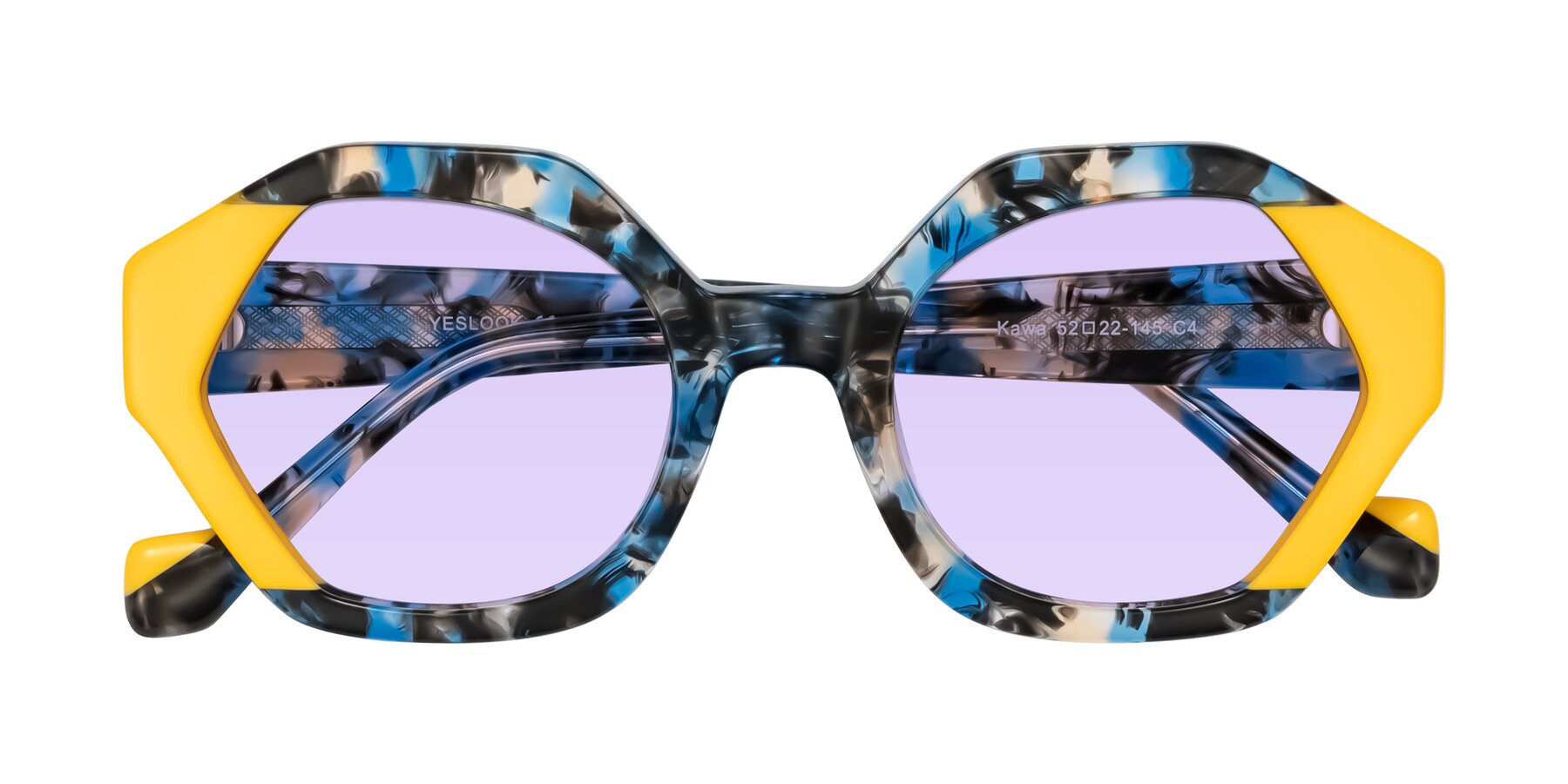 Folded Front of Kawa in Blue Ink/Yellow with Light Purple Tinted Lenses