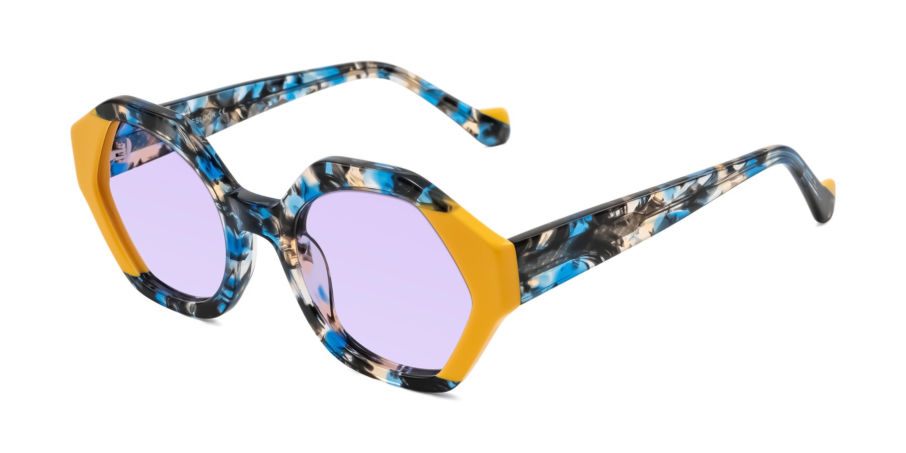Angle of Kawa in Blue Ink/Yellow with Light Purple Tinted Lenses