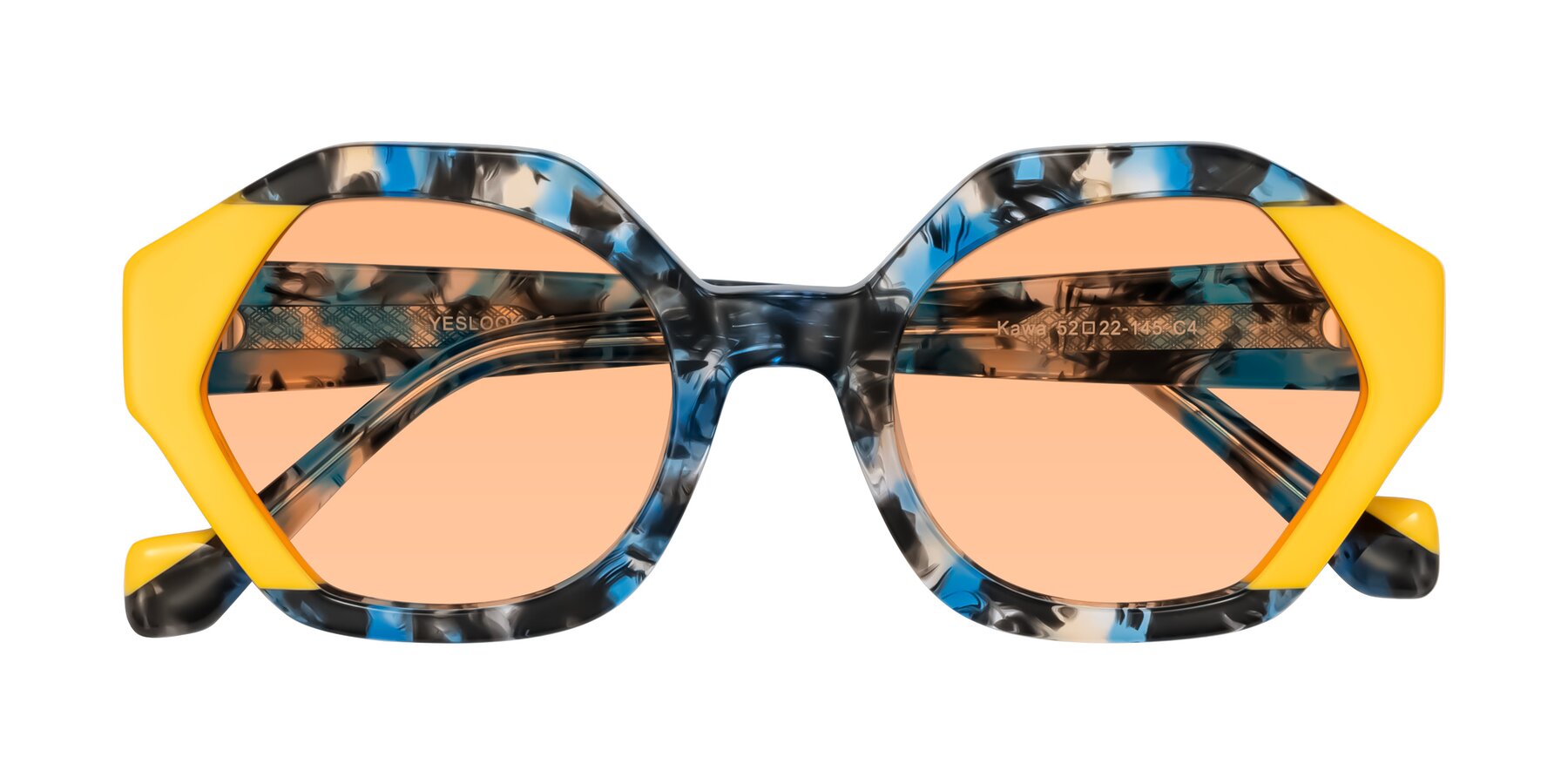 Folded Front of Kawa in Blue Ink/Yellow with Light Orange Tinted Lenses
