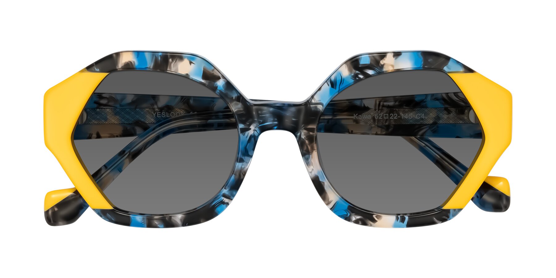 Folded Front of Kawa in Blue Ink/Yellow with Medium Gray Tinted Lenses