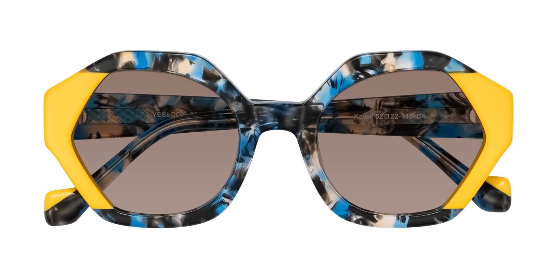 Folded Front of Kawa in Blue Ink/Yellow with Medium Brown Tinted Lenses