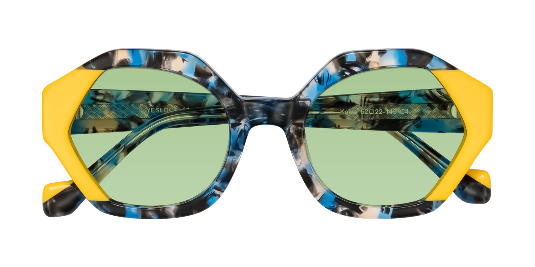 Folded Front of Kawa in Blue Ink/Yellow with Medium Green Tinted Lenses