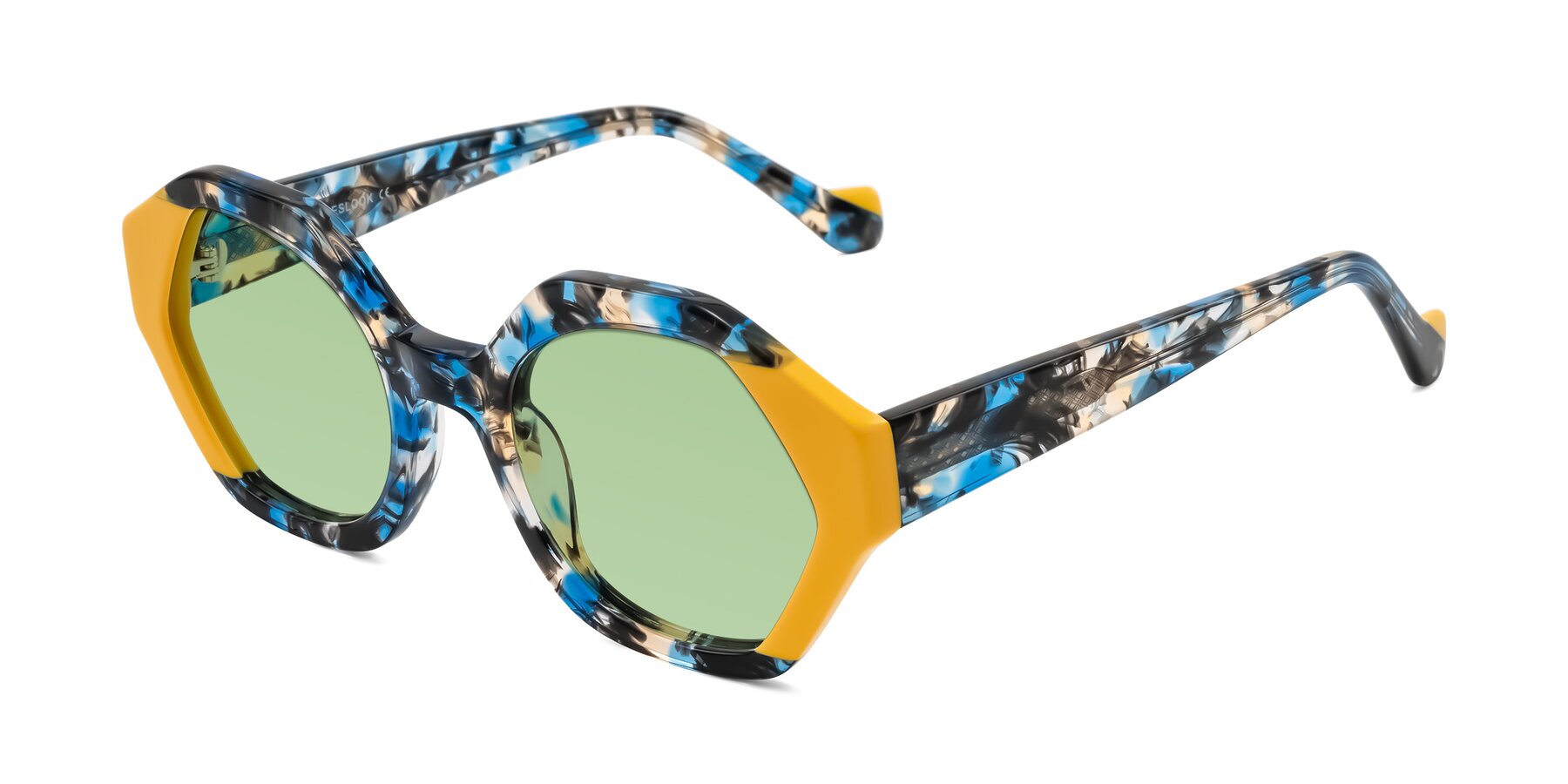Angle of Kawa in Blue Ink/Yellow with Medium Green Tinted Lenses