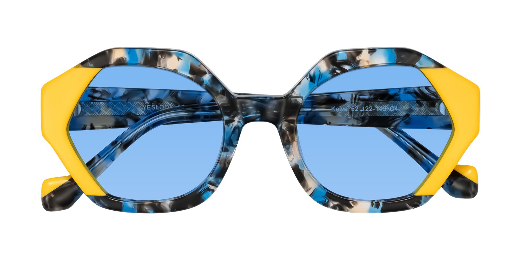 Folded Front of Kawa in Blue Ink/Yellow with Medium Blue Tinted Lenses