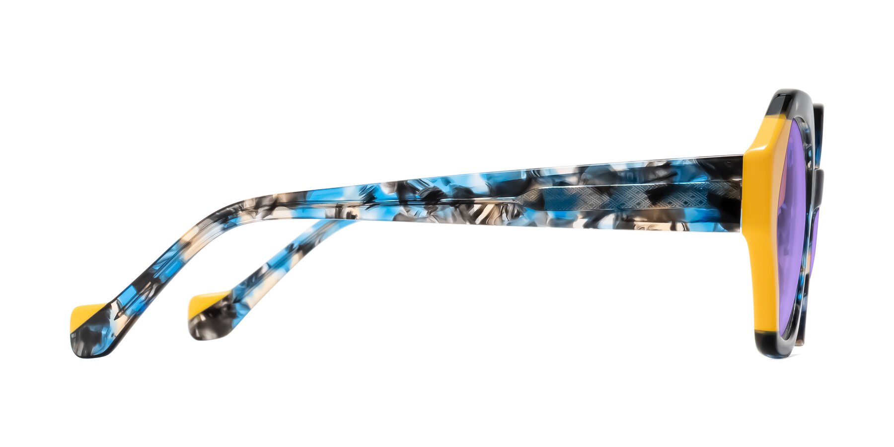 Side of Kawa in Blue Ink/Yellow with Medium Purple Tinted Lenses