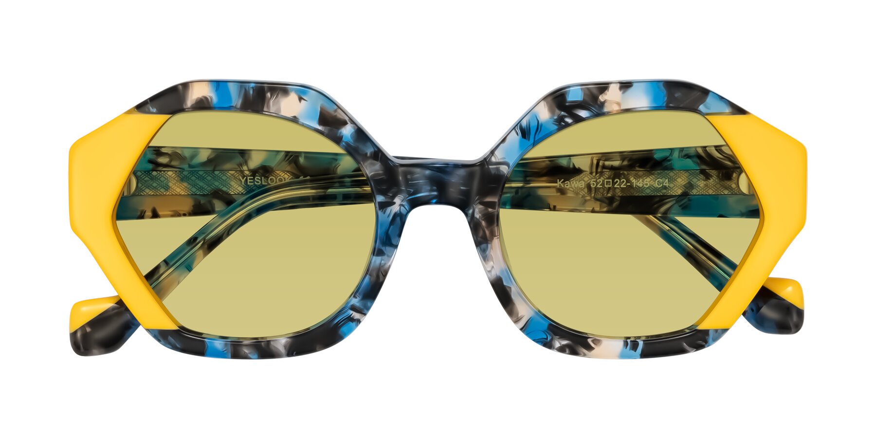 Folded Front of Kawa in Blue Ink/Yellow with Medium Champagne Tinted Lenses