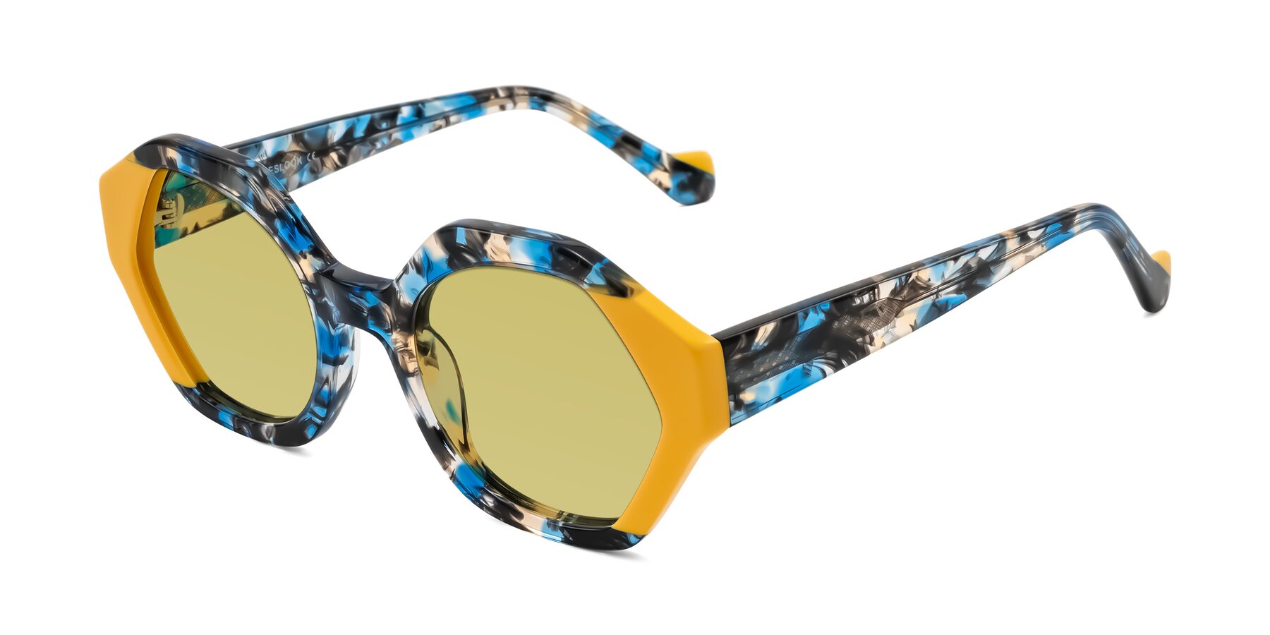 Angle of Kawa in Blue Ink/Yellow with Medium Champagne Tinted Lenses