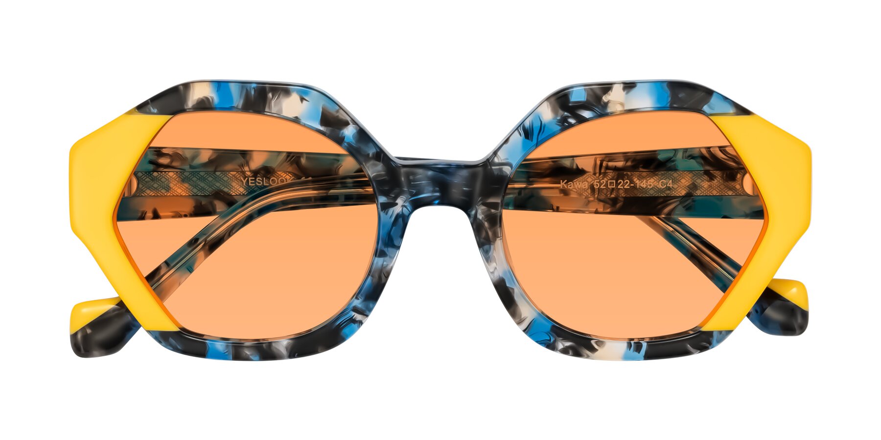Folded Front of Kawa in Blue Ink/Yellow with Medium Orange Tinted Lenses