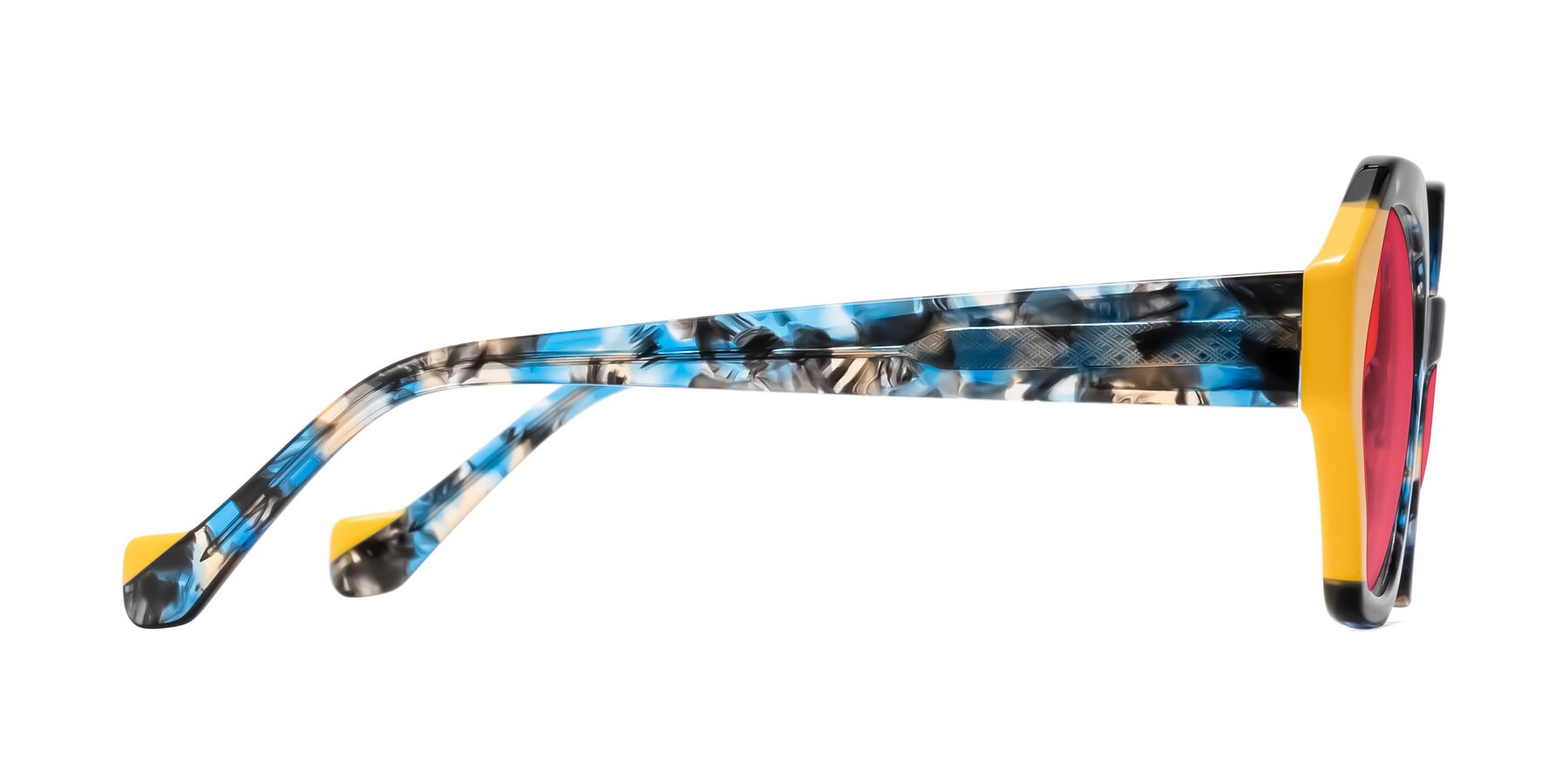Side of Kawa in Blue Ink/Yellow with Red Tinted Lenses