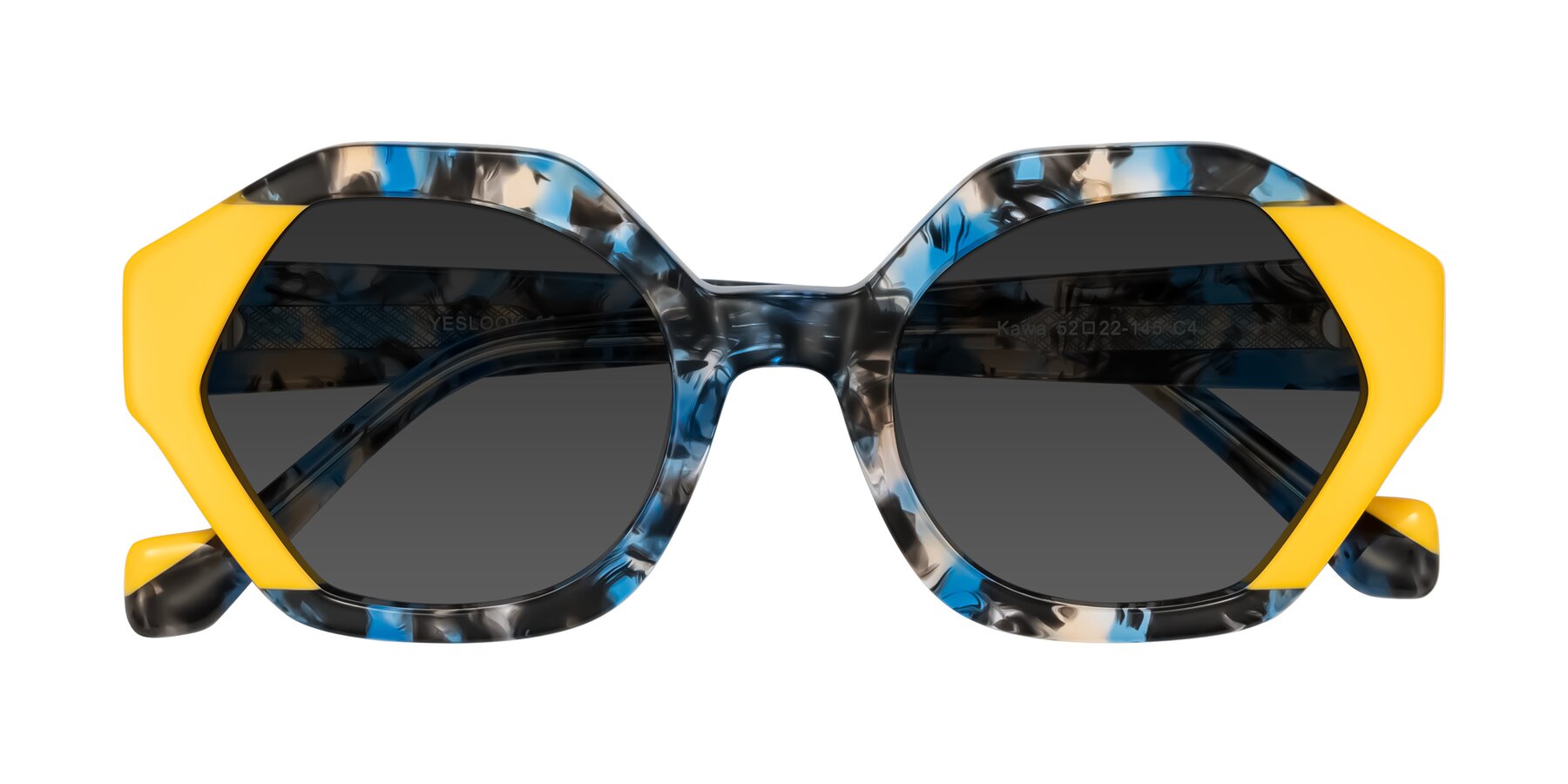 Folded Front of Kawa in Blue Ink/Yellow with Gray Tinted Lenses