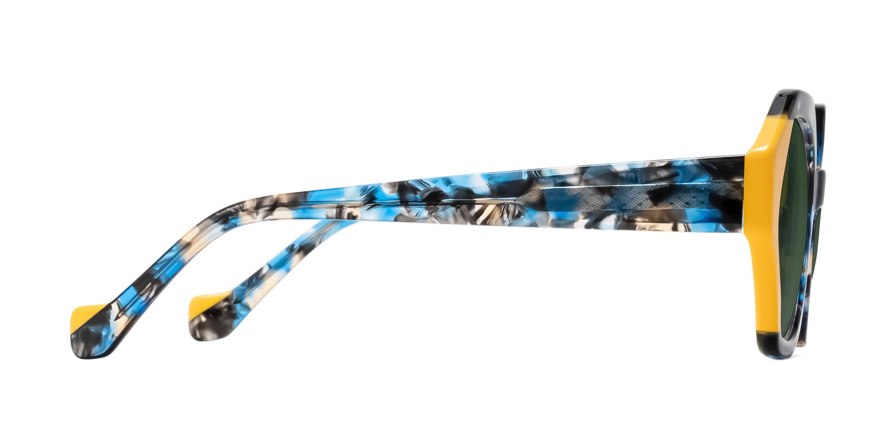 Side of Kawa in Blue Ink/Yellow with Green Tinted Lenses