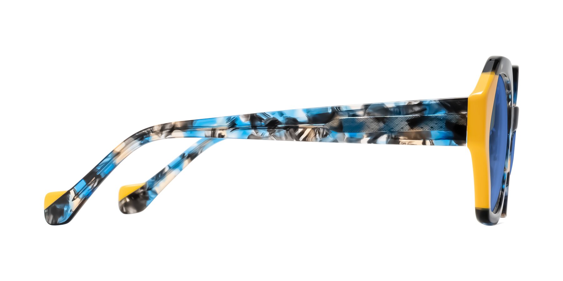 Side of Kawa in Blue Ink/Yellow with Blue Tinted Lenses
