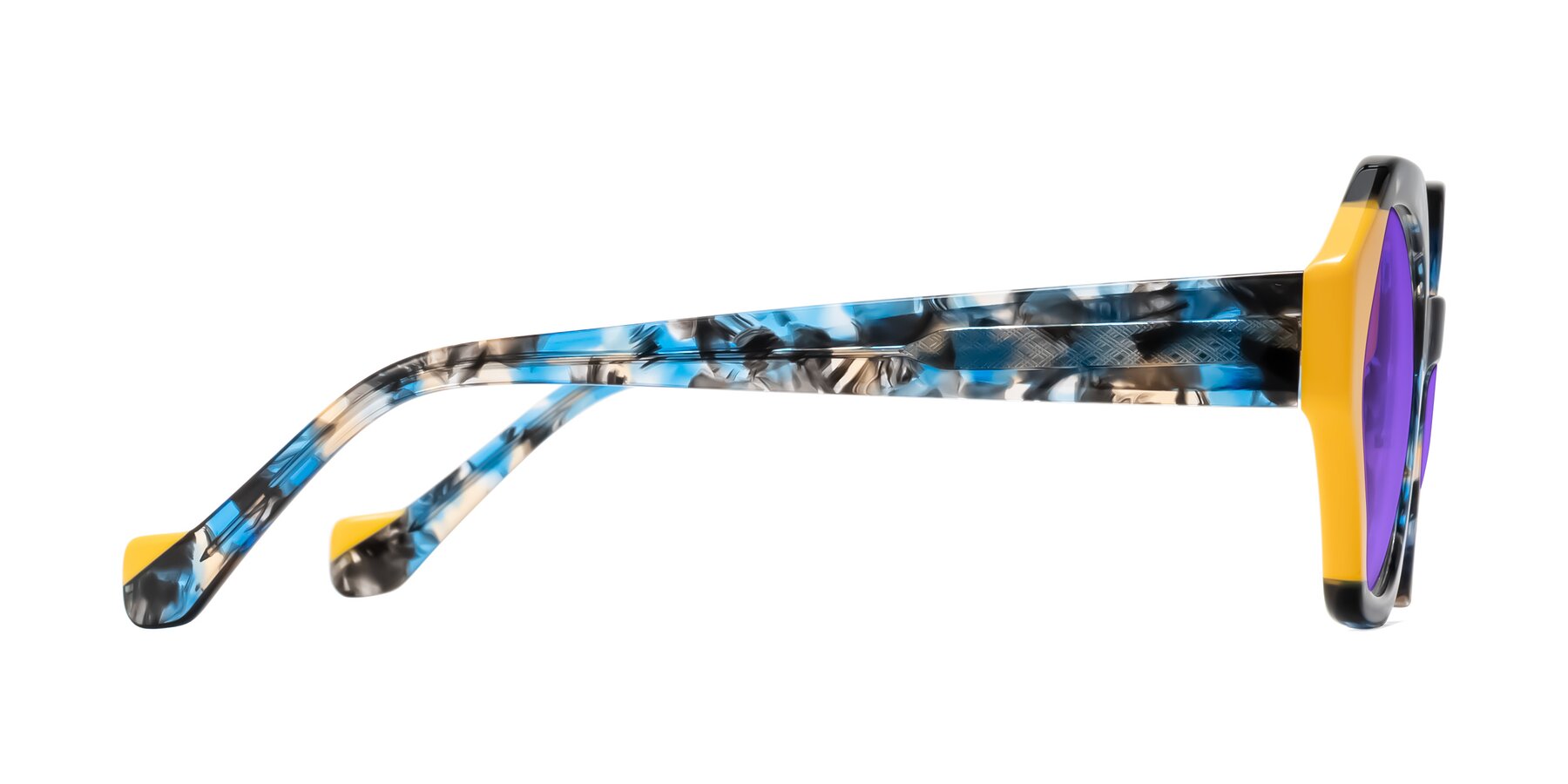 Side of Kawa in Blue Ink/Yellow with Purple Tinted Lenses