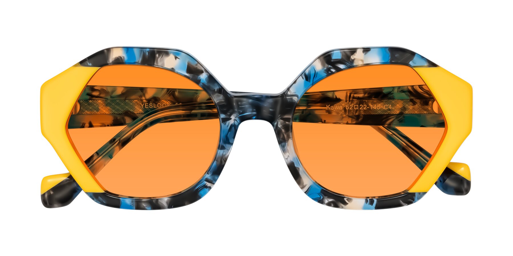 Folded Front of Kawa in Blue Ink/Yellow with Orange Tinted Lenses
