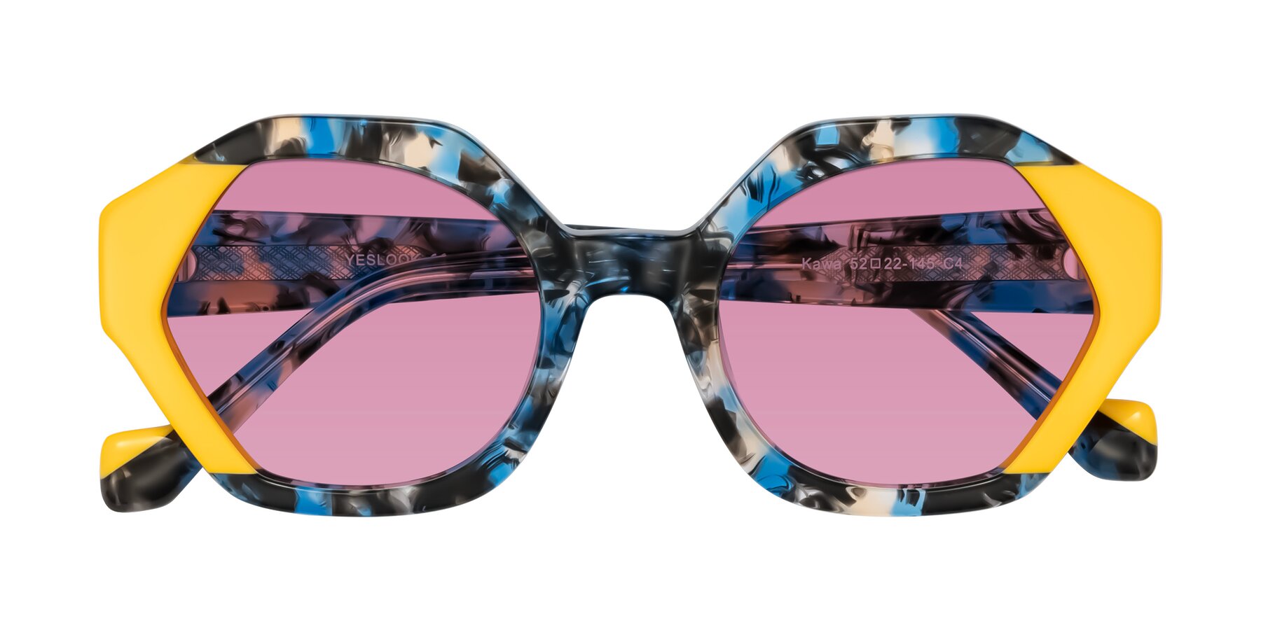 Folded Front of Kawa in Blue Ink/Yellow with Medium Wine Tinted Lenses