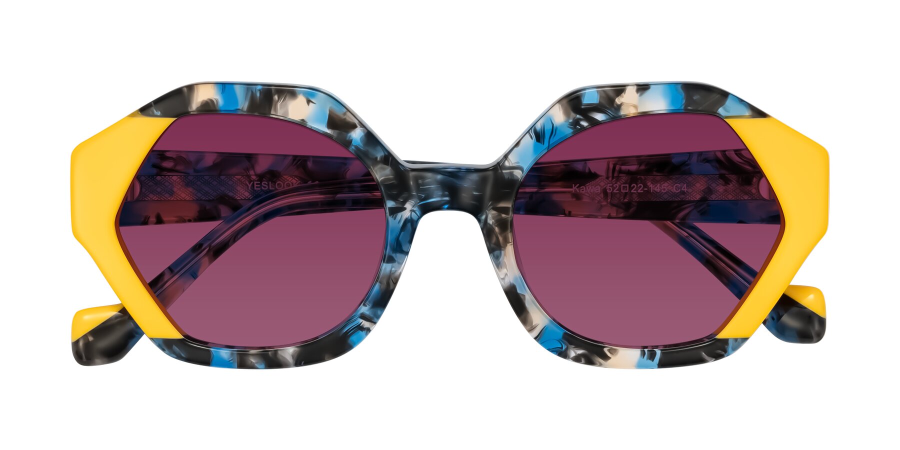 Folded Front of Kawa in Blue Ink/Yellow with Wine Tinted Lenses