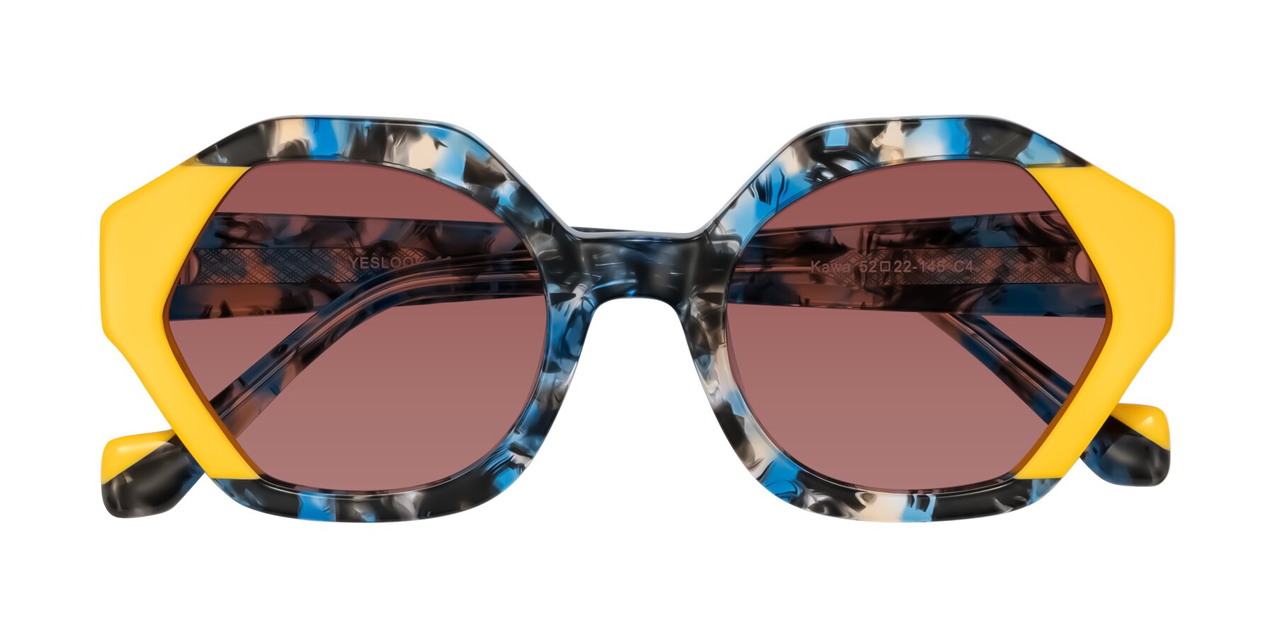 Folded Front of Kawa in Blue Ink/Yellow with Garnet Tinted Lenses