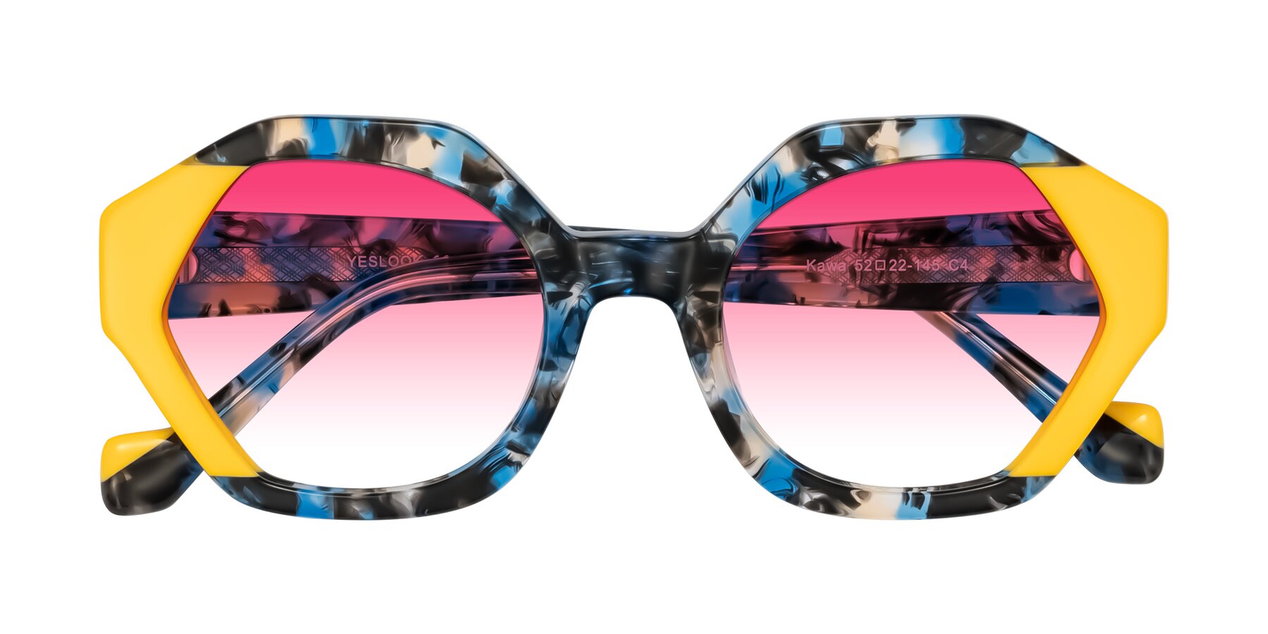 Folded Front of Kawa in Blue Ink/Yellow with Pink Gradient Lenses