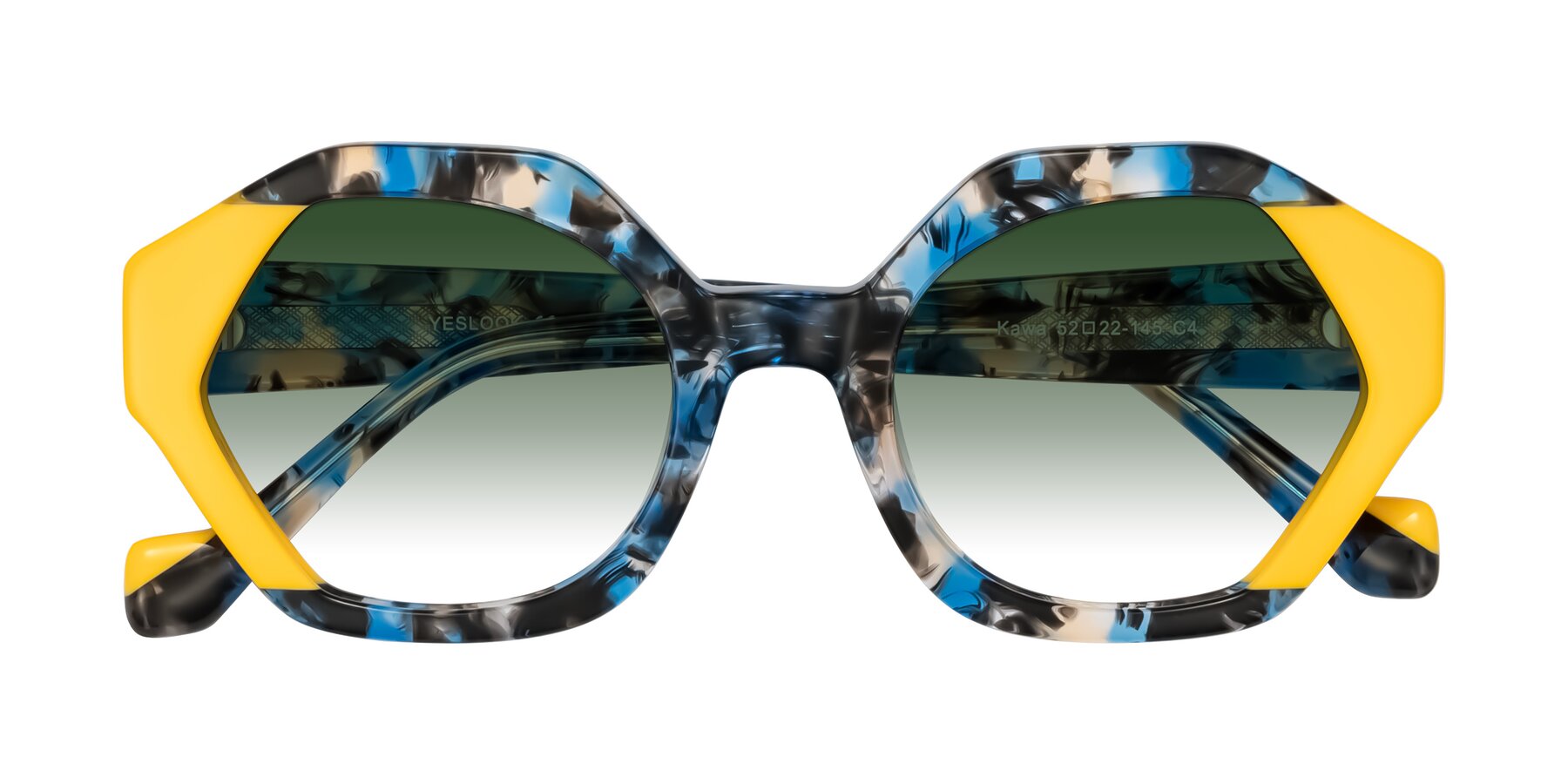 Folded Front of Kawa in Blue Ink/Yellow with Green Gradient Lenses