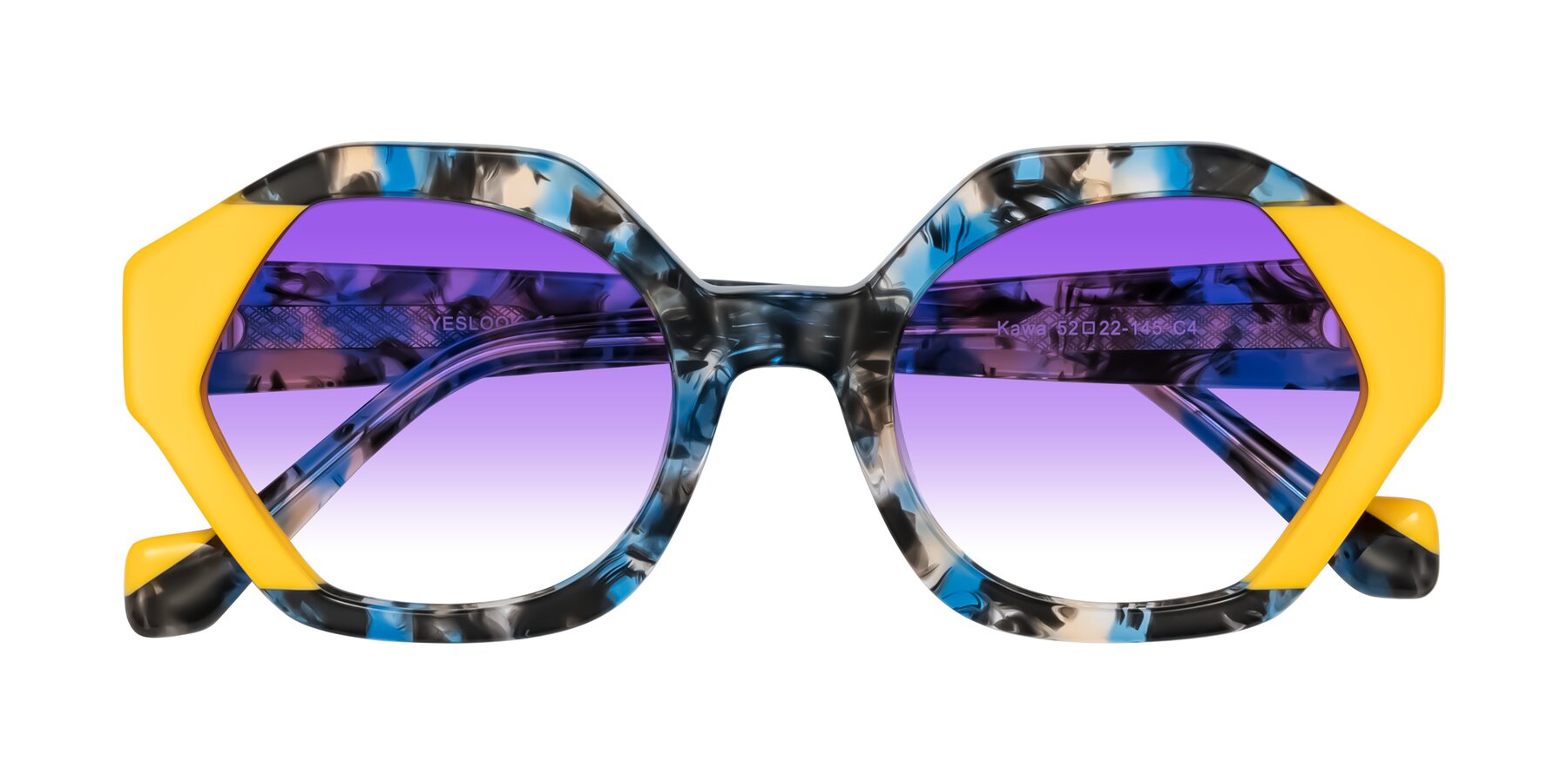 Folded Front of Kawa in Blue Ink/Yellow with Purple Gradient Lenses
