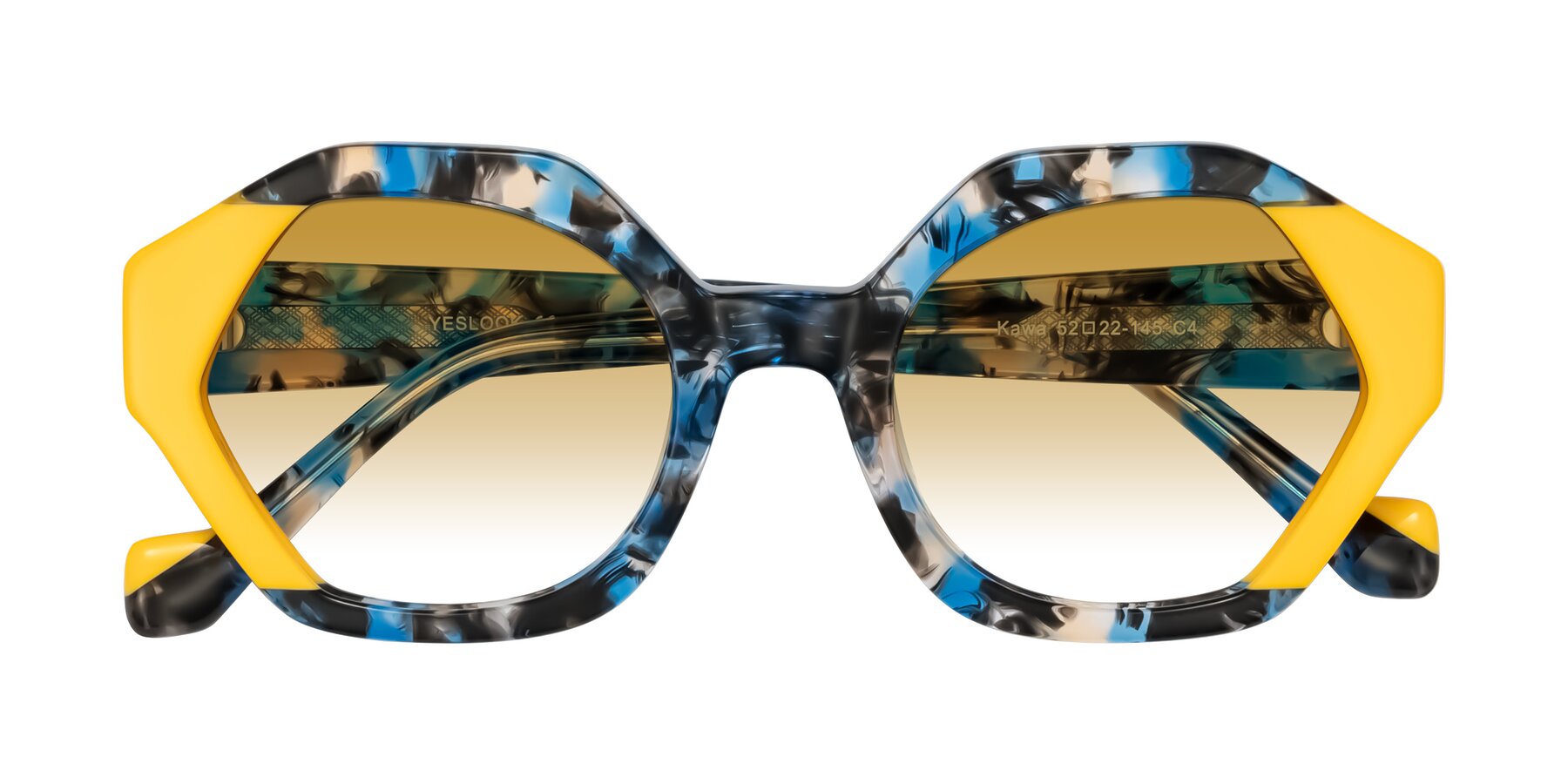 Folded Front of Kawa in Blue Ink/Yellow with Champagne Gradient Lenses