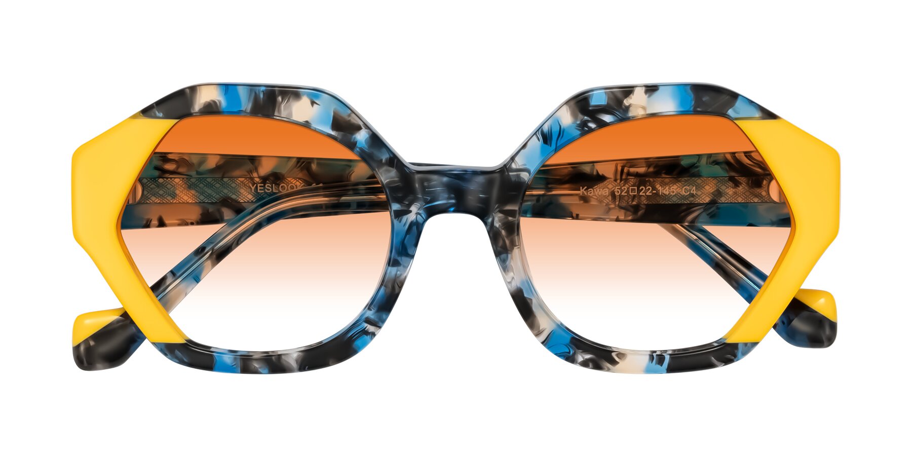 Folded Front of Kawa in Blue Ink/Yellow with Orange Gradient Lenses