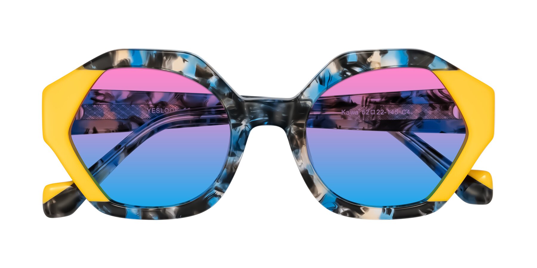 Folded Front of Kawa in Blue Ink/Yellow with Pink / Blue Gradient Lenses