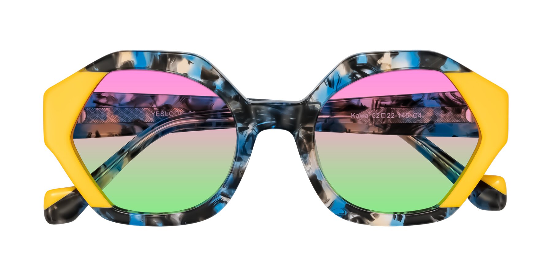Folded Front of Kawa in Blue Ink/Yellow with Pink / Green Gradient Lenses