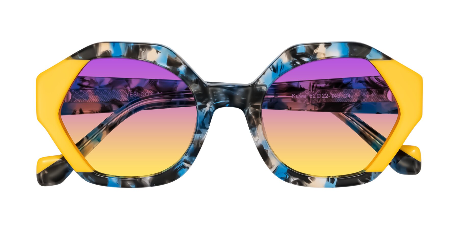 Folded Front of Kawa in Blue Ink/Yellow with Purple / Yellow Gradient Lenses