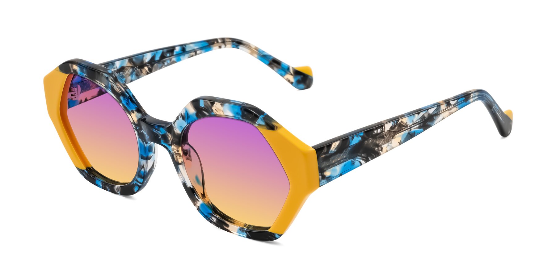 Angle of Kawa in Blue Ink/Yellow with Purple / Yellow Gradient Lenses