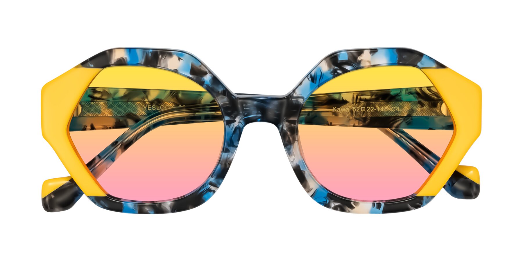 Folded Front of Kawa in Blue Ink/Yellow with Yellow / Pink Gradient Lenses
