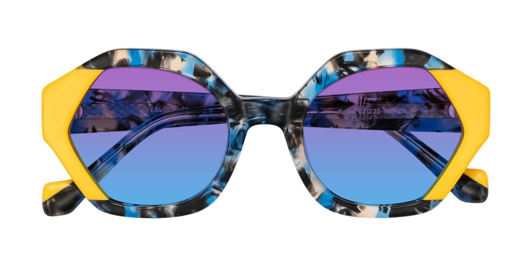 Folded Front of Kawa in Blue Ink/Yellow with Purple / Blue Gradient Lenses