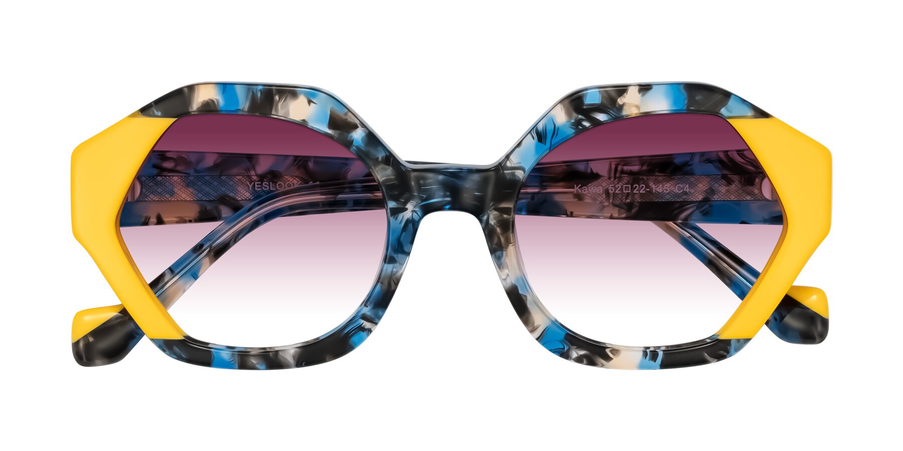 Folded Front of Kawa in Blue Ink/Yellow with Wine Gradient Lenses