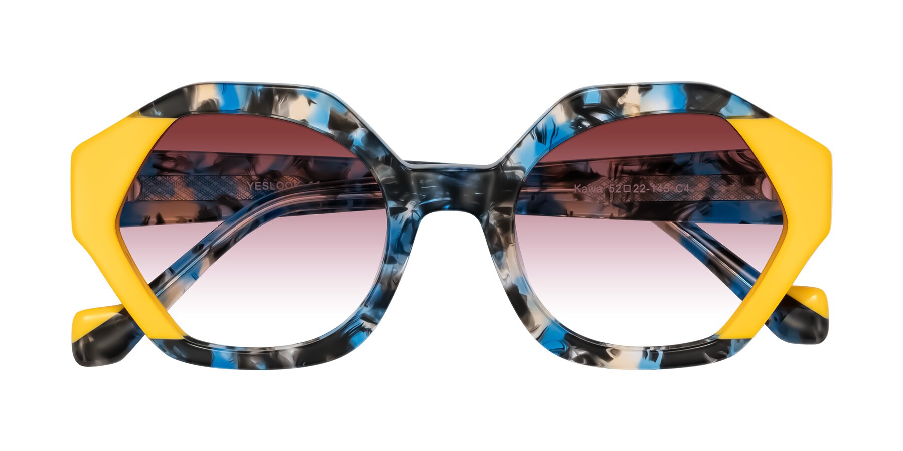 Folded Front of Kawa in Blue Ink/Yellow with Garnet Gradient Lenses