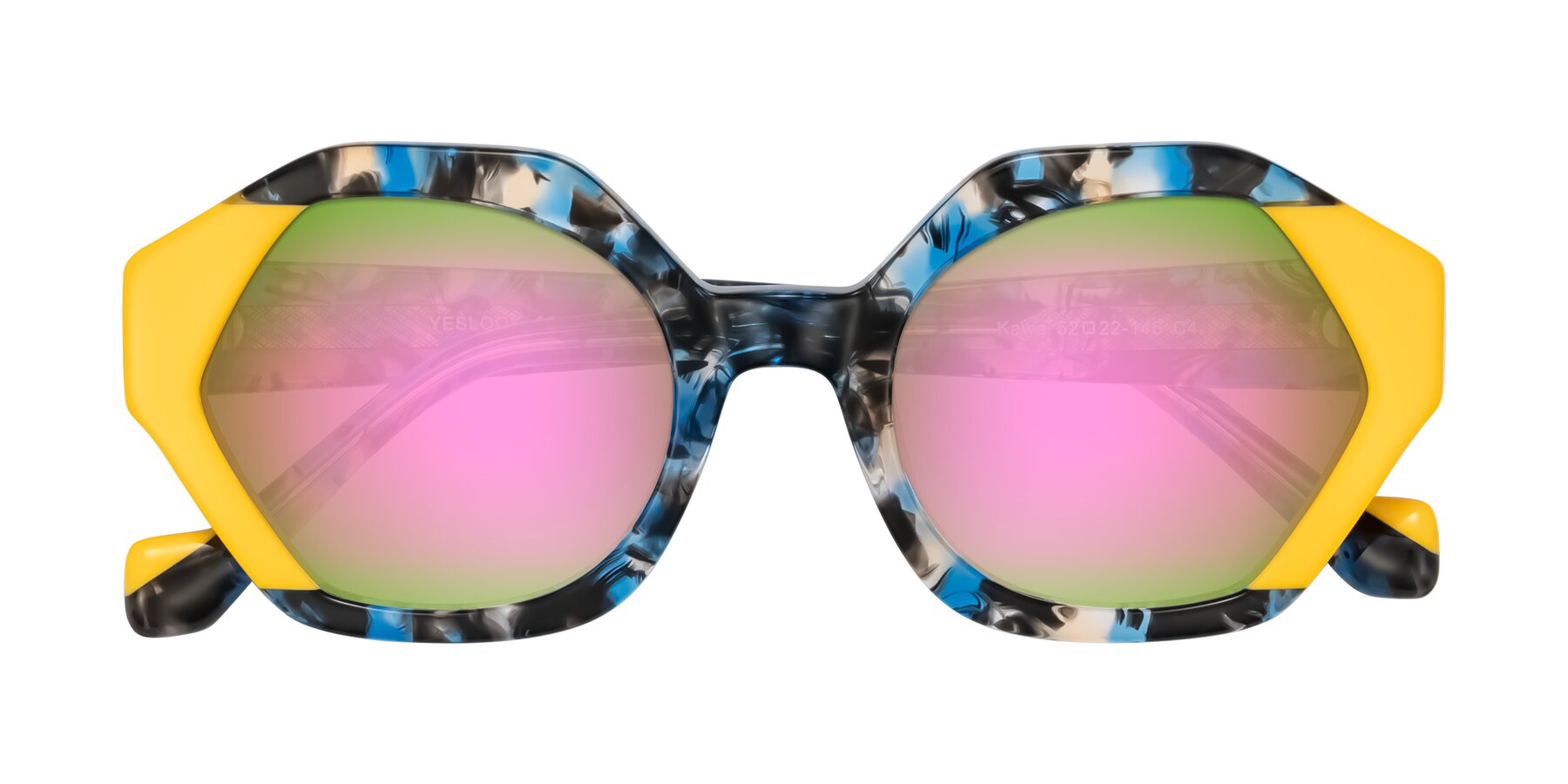 Folded Front of Kawa in Blue Ink/Yellow with Pink Mirrored Lenses
