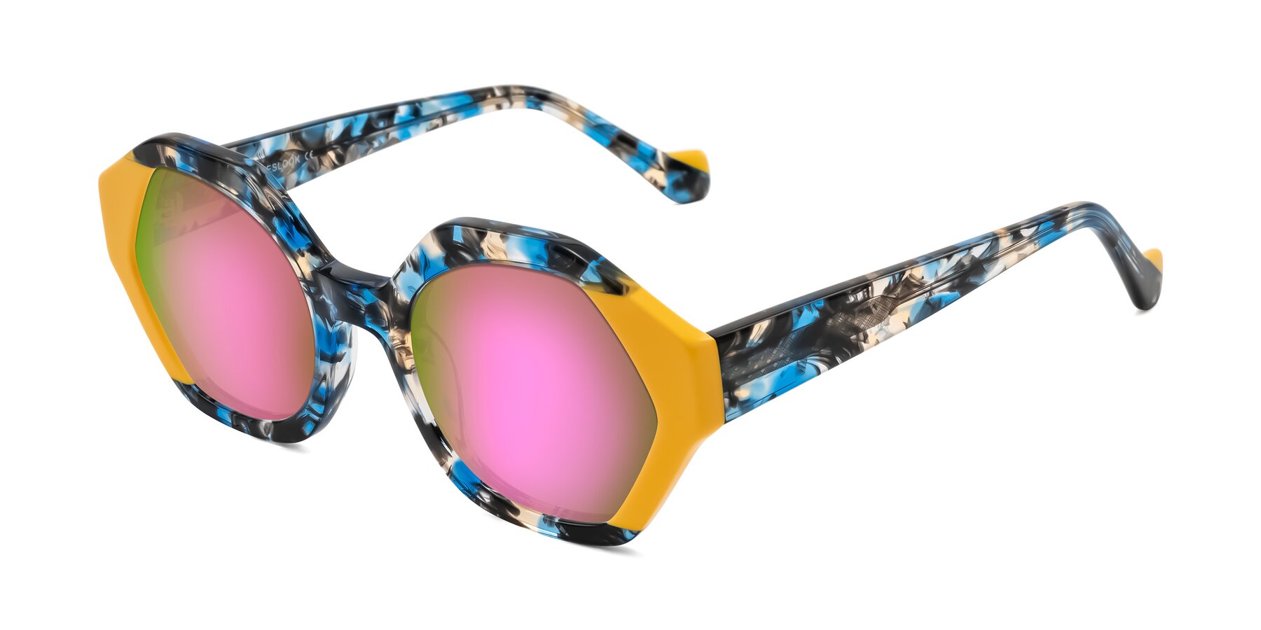 Angle of Kawa in Blue Ink/Yellow with Pink Mirrored Lenses