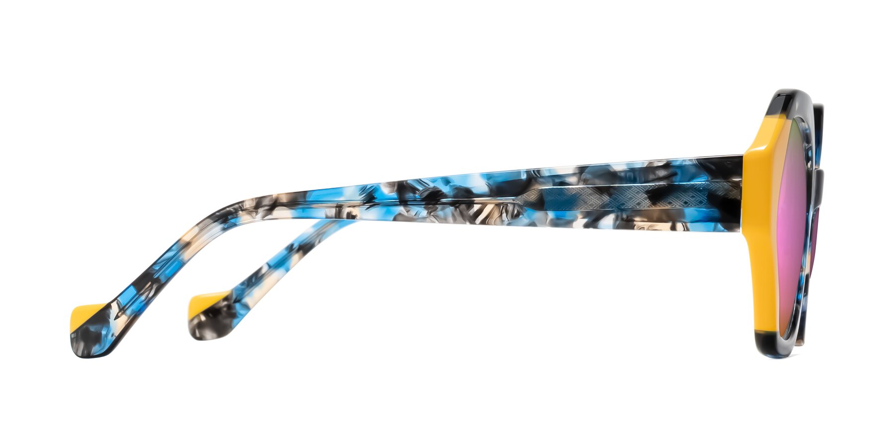 Side of Kawa in Blue Ink/Yellow with Pink Mirrored Lenses