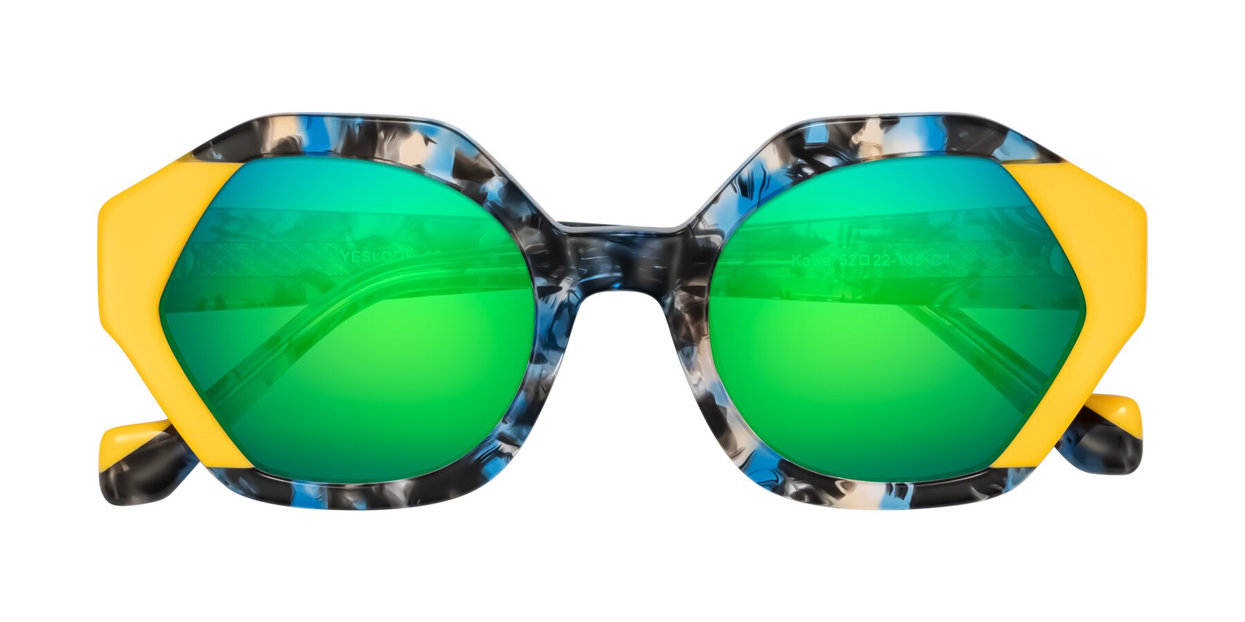 Folded Front of Kawa in Blue Ink/Yellow with Green Mirrored Lenses