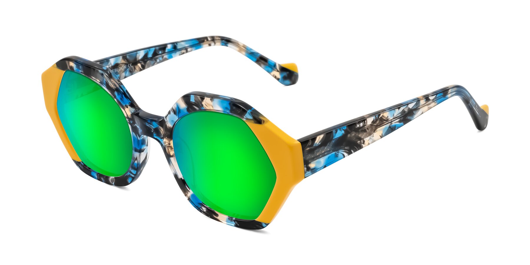 Angle of Kawa in Blue Ink/Yellow with Green Mirrored Lenses